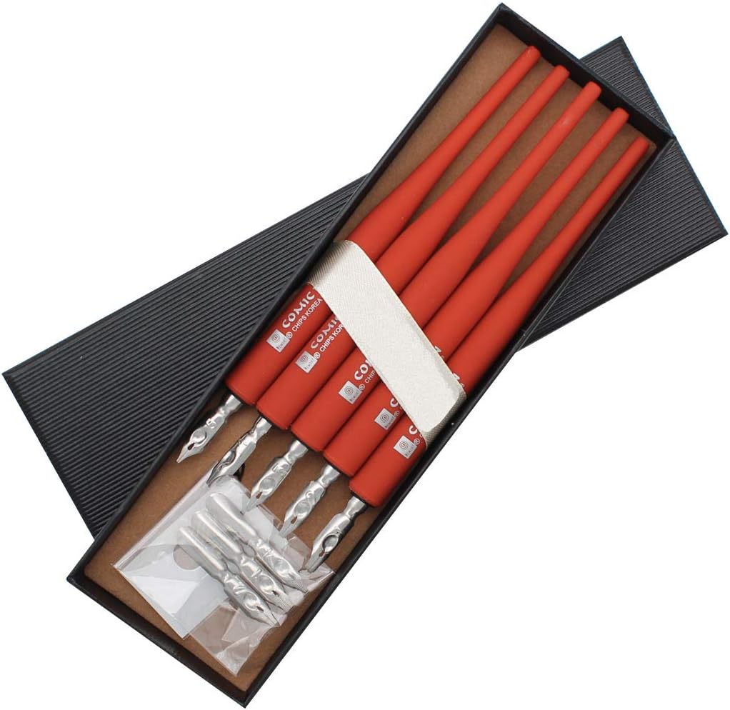 Plastic Professional Manga Gothic Pen Dip Pen Set with 5 Nibs Manga Calligraphy Drawing Pen Kit - 5 Pcs, Red