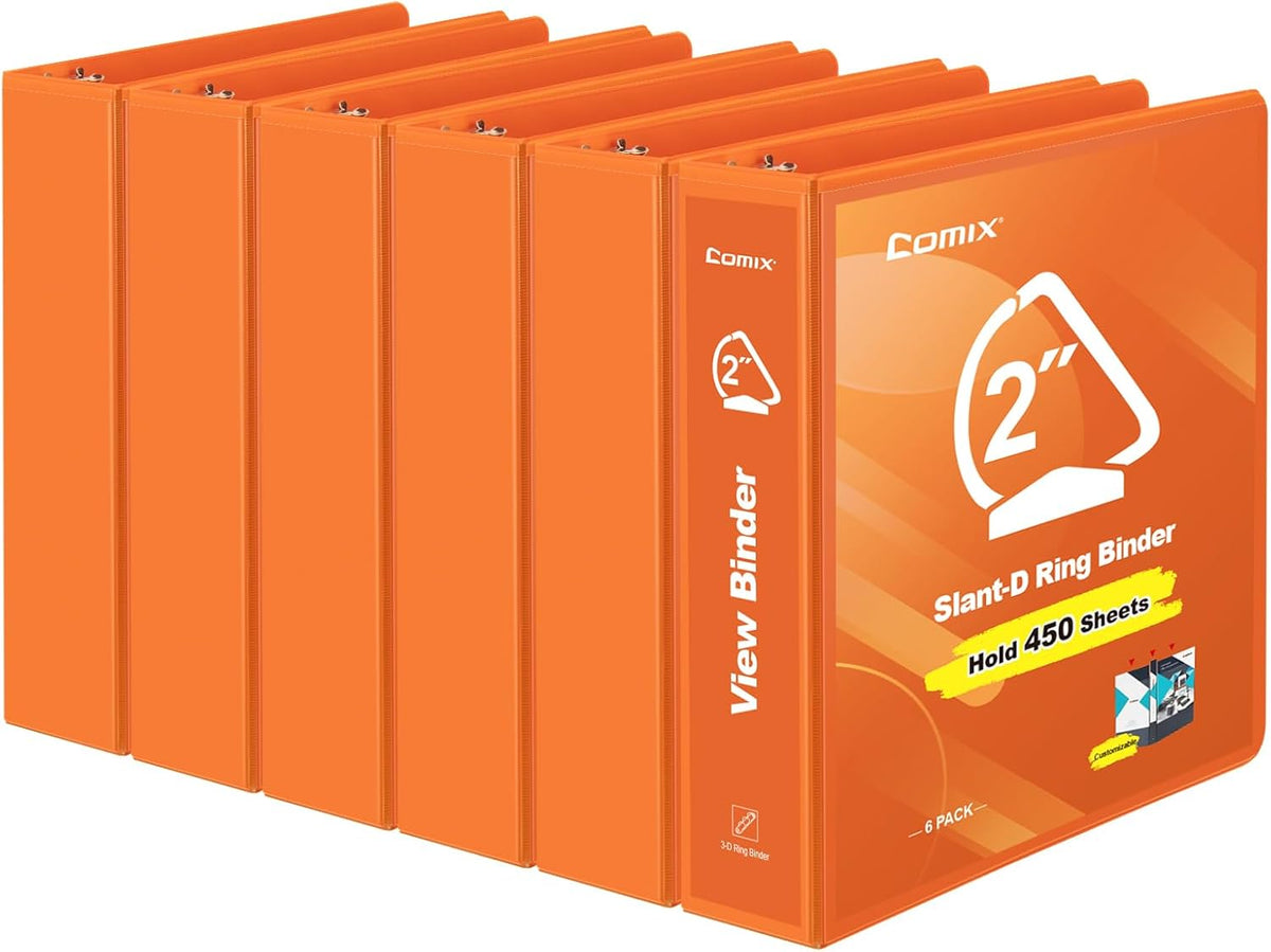COMIX Sturdy 3 Ring Binder 2 inch with Clear View Cover, 2" Slant-D Ring View Binder Holds 500 Sheets of US Letter Size Paper, 6 Pack (Orange)