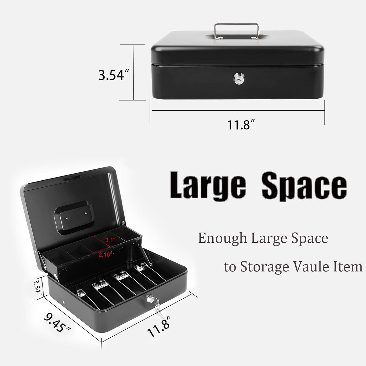 Cash Box with Money Tray and Key Lock, Large Metal Safe Money Box for Cash Register, Locking Money Saving Organizer Lock Box for Money Storage with 4 Keys 11.8"x9.45"x3.54" Black XL Large