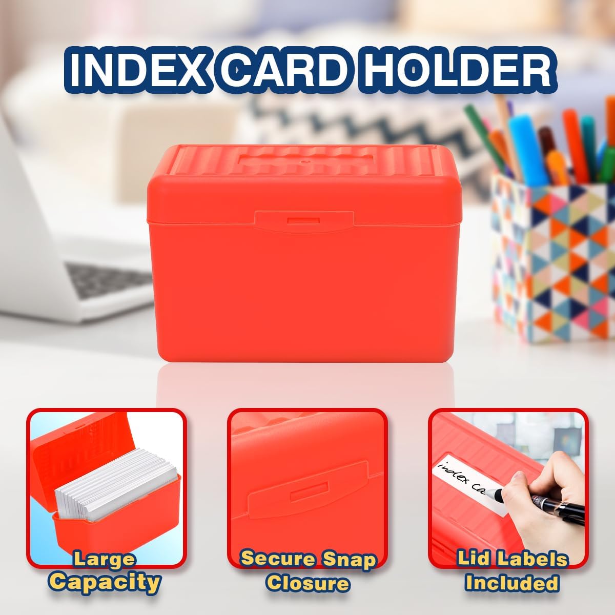 H4D 3x5 Index Card Holder with 100 Heavyweight Ruled Index Cards and 25 Plastic Dividers, Red