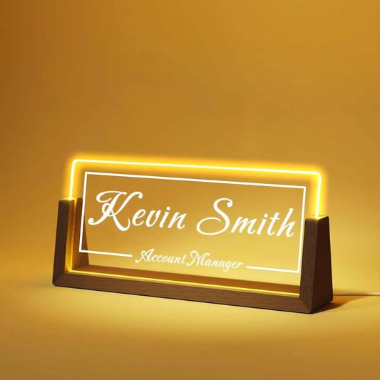 Personalized Desk Name Plate with LED Light & Wooden Base, Custom Acrylic Name Sign | Custom Office Decor & Appreciation Gifts for Boss Coworkers, New Job Promotion Gift (Style 2)