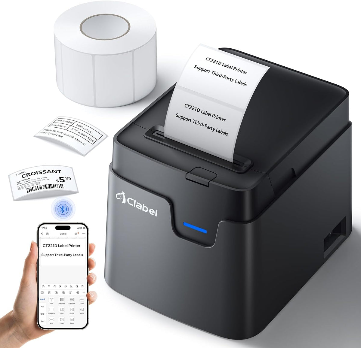 CLABEL Desk Bluetooth Barcode Label Printer: 221D Label Maker with Direct Thermal Printing, 2 Inch Print Width for Barcodes Address Shipping Warehouse with 1 Roll Label