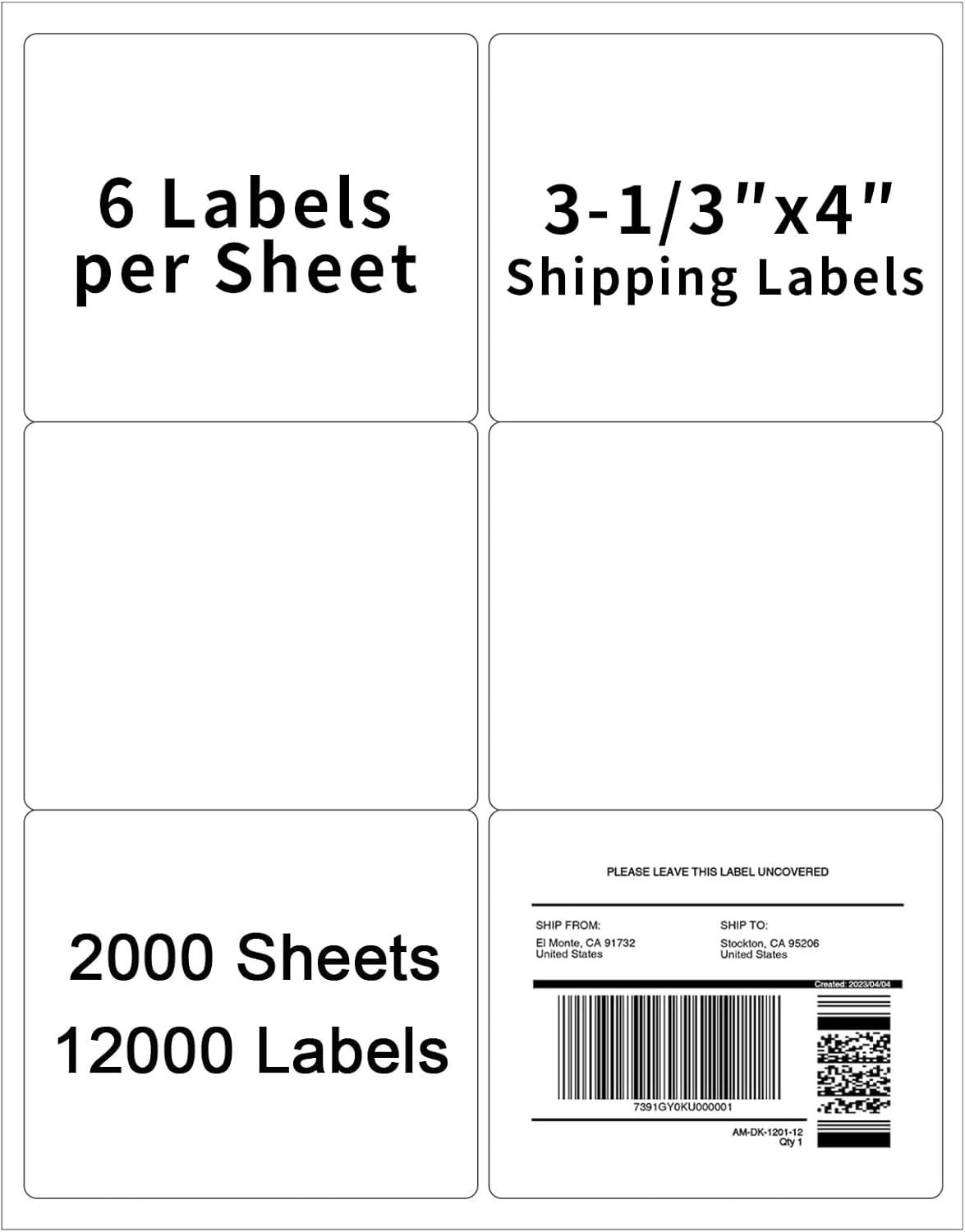 3-1/3" x 4" Shipping Labels,Printable White 6 UP Label for Laser/Inkjet Printers,Self Adhesive 3 1/3 x 4 Matte Mailing Label Stickers(2000 Sheets, 12000 Labels)
