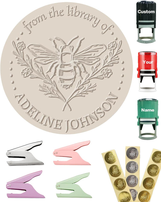 Personalized Book Embosser Stamp with Handle Set, Custom Self-Inking Library Stamp with Name & Design, Elegant Invitation Seal from Library Stamp Kit, Birthday, Book Lover Gifts （Butterfly & Bee）
