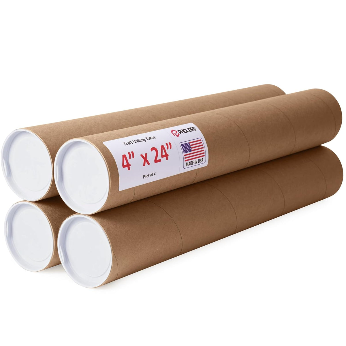 4" x 24" Reinforced Kraft Paper Mailing Tubes, Pack of 4 Tubes with 2 Caps Each – USPS Approved Poster Tube – Made in USA Cardboard Tube for Shipping and Storing Posters, Prints, Artwork, or Documents
