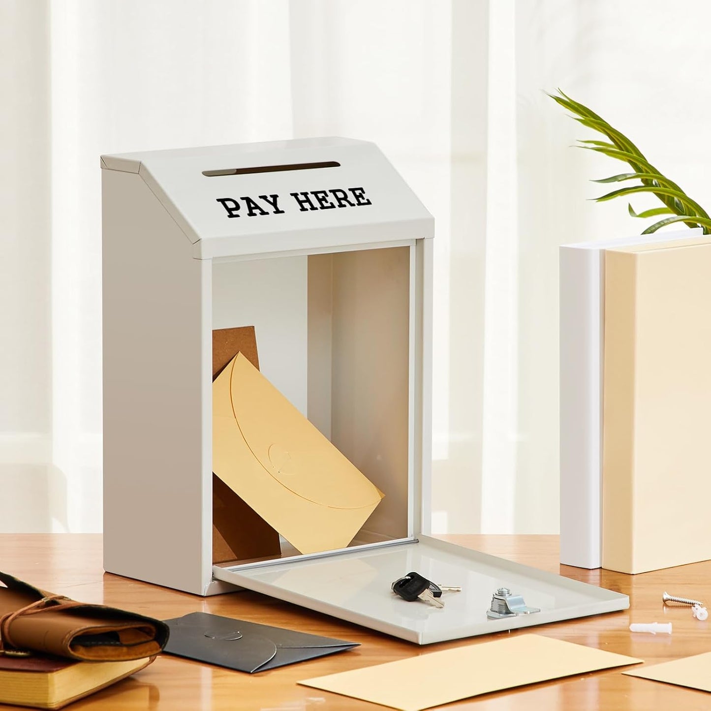 Safe Cash Box Money Collection Metal Donation Box with Lock Wall Mount Pre Drilled Mailbox Delivery Ballot for Home Office Outdoor Self Serve Stand(White,11.8 x 8.6 x 4.7 Inch)