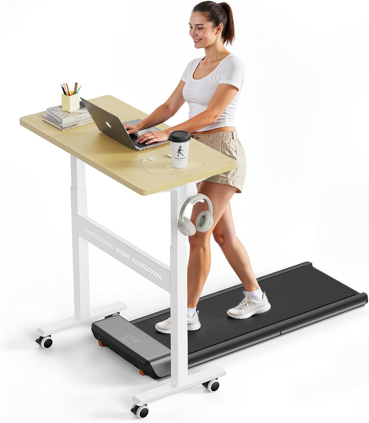Mobile Walking Pad Desk with Wheels, Pneumatic Small Rolling Standing Desk Riser Height Adjustable (28-43.7") for Treadmill, Portable Computer Table for Home Office, Oak