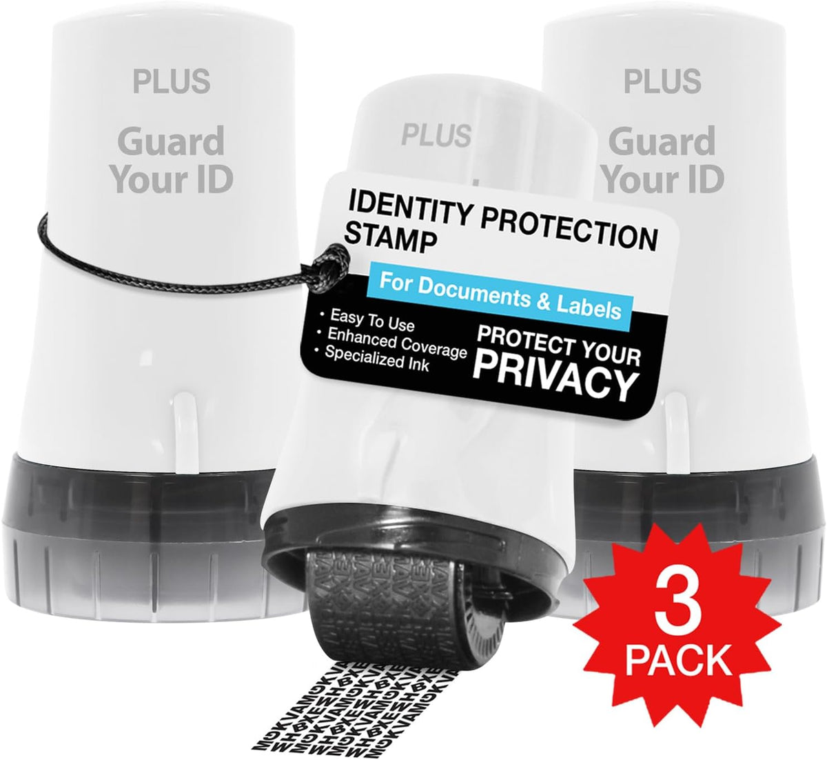 Guard Your ID Advanced 2.0 Roller Identity Privacy Stamp for Identity Theft Prevention and Security (Regular 3-Pack, White)