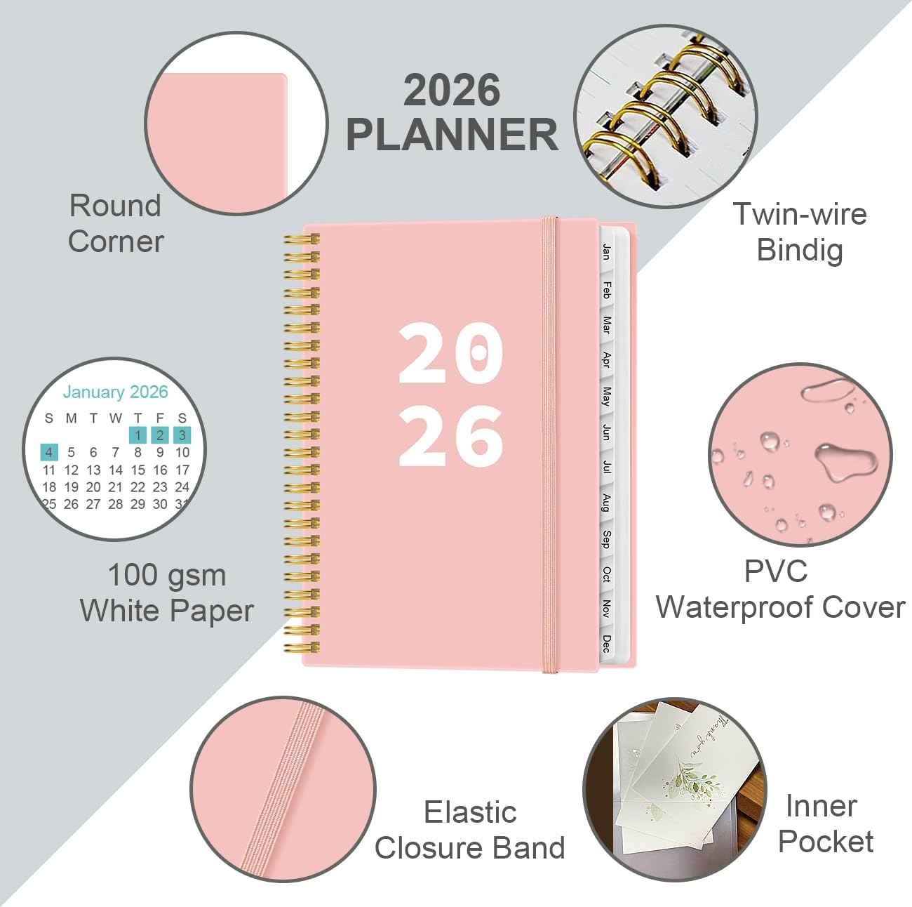 2026 Planner - Planner 2026 from January 2026 - December 2026, Weekly & Monthly Planner Spiral Bound with 12 Monthly Tabs, Inner Pocket, 6.4" x 8.5", Pink-A