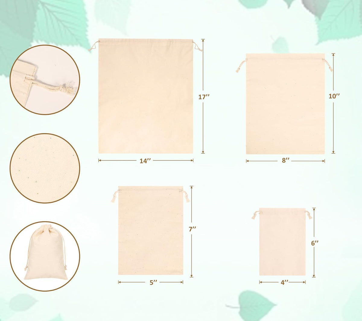 10PCS Cotton Storage Bags with Drawstrings, X-Large 14x17inch Multipurpose Canvas Fabric Bread Bags, Reusable Muslin Bulk Flour Sack Bags, Natural Potato Onion Storage Bags, Cloth Shoe Bags