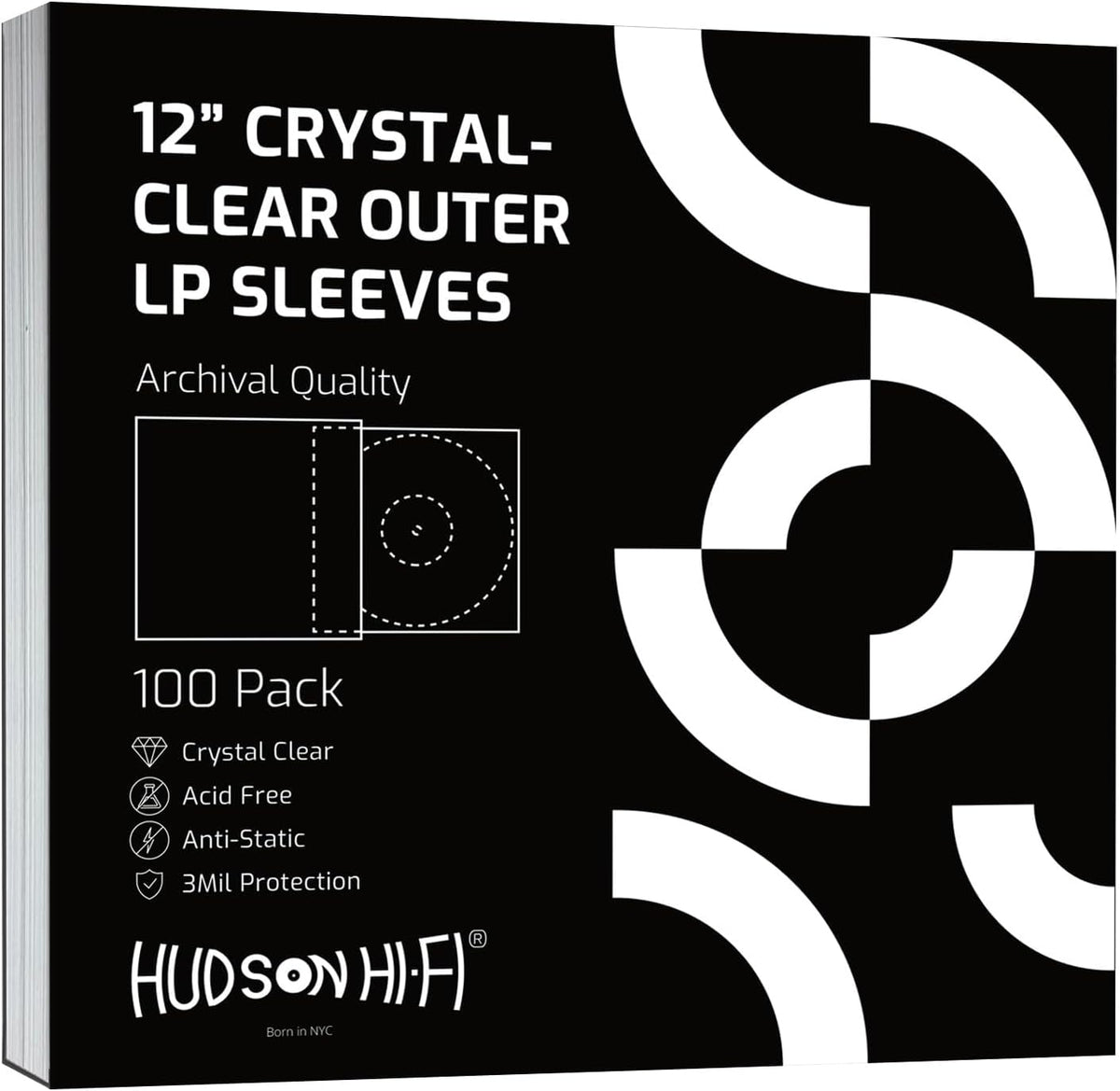 Hudson Hi-Fi Vinyl Record Outer Sleeves Covers - Premium Clear Vinyl Record Sleeve 100-Pack - Protect Your LP Albums from Scratches, Dirt & Dust - 3mm Thick No-Acid Exterior Disc Cover