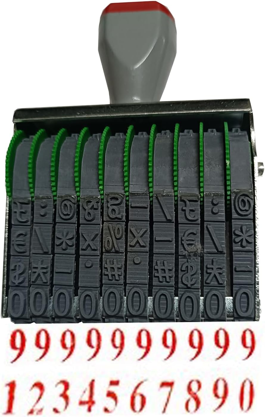 Business Stamps,ZENG 10 Digit Changeable 0-9 Numbers and Symbol Numbering Stamp,Date Stamp,Rubber Stamp,Ink Stamps,Imprint Size 67 x 7 mm-Gray Red Multicolor Blend