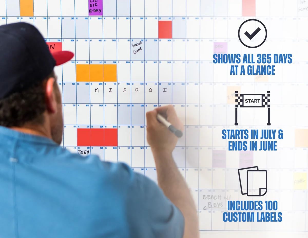 The Big A## Calendar Mid-Year Wall Planner – July to June Dry-Erase – Includes 1 Marker & 100 Labels – Lightweight, Easy to Hang Yearly Planner – Plan Goals & Adventures – Blue, 4’x3’