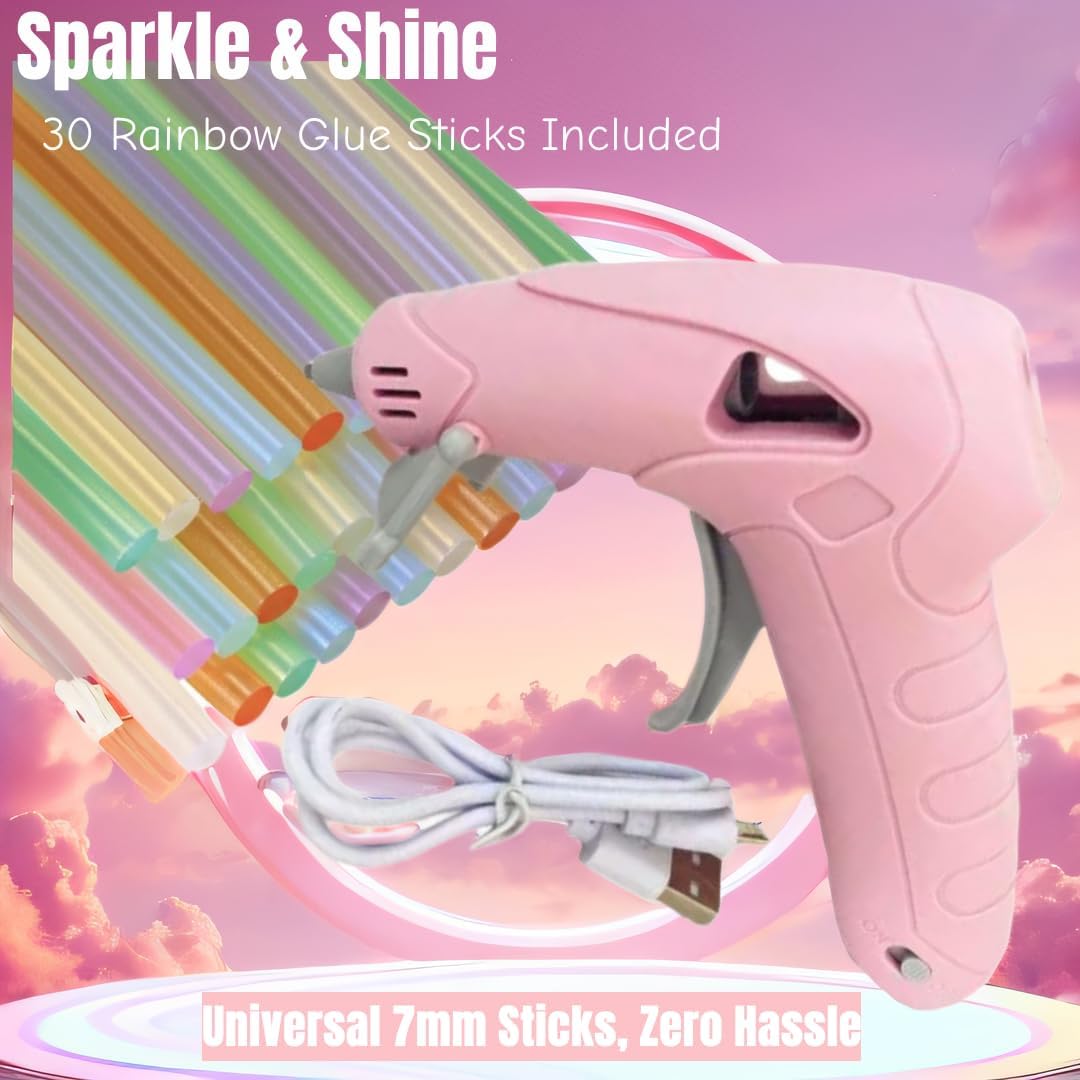NEX&CO Pink Cordless Hot Glue Gun Kit for Kids, Mini Rechargeable Battery & Anti-Drip, Auto Power-Off & Lightweight w/ 30 pack 7mm Rainbow Glue Sticks, Child-Safe for Classroom Crafts, Art Projects