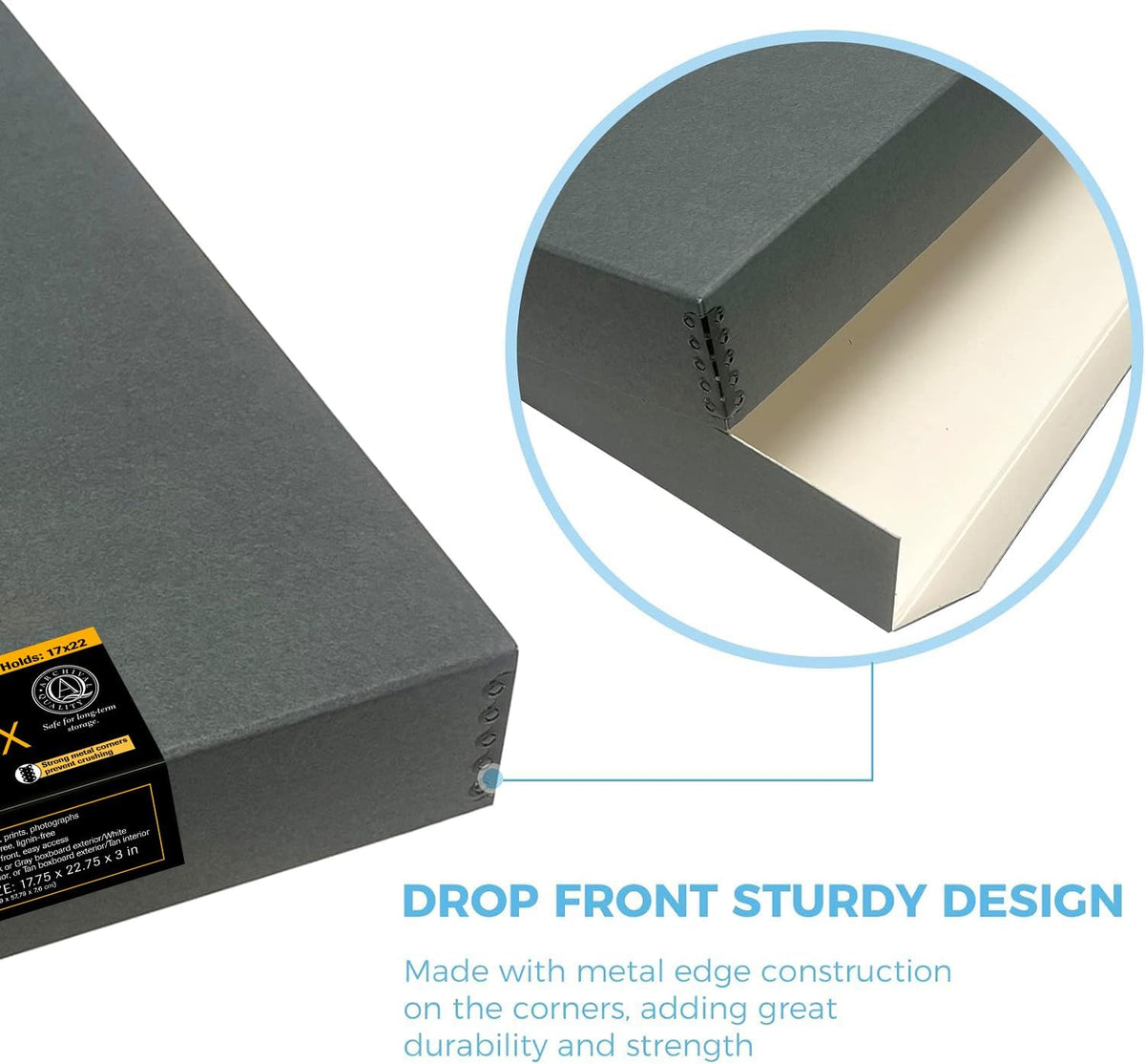Lineco Museum Archival Storage Box, 17.75x22.75x3 in. Drop Front Design. Acid-Free with Metal Edge. Organize Photos, Pictures, Prints, Documents, Crafts, DIY. Gray, 1 Pack