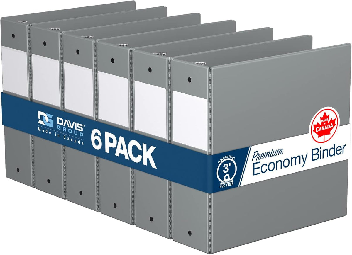 Premium Economy 6-Pack 3-Ring Binders for School or Office, Round-Ring Binders, 3 Inch, Gray