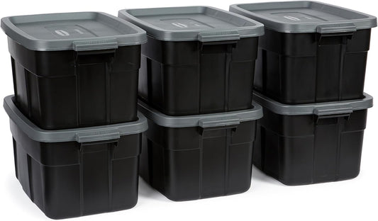 Rubbermaid 3-Pack Garage Storage Bins 18x12 Inch Heavy Duty Storage Bins, Large Capacity - USA Made Stackable Plastic Bins with Lids Black