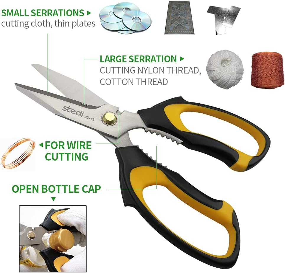 Stedi Scissors Heavy Duty 8-Inch,Multipurpose Scissors,Sharp Stainless Steel Shears with Serrated Edge & Protective Cover,Non-Slip Handle,Easy Cutting Cardboard, Carpet,Leather, Fabric, Wires, Yellow