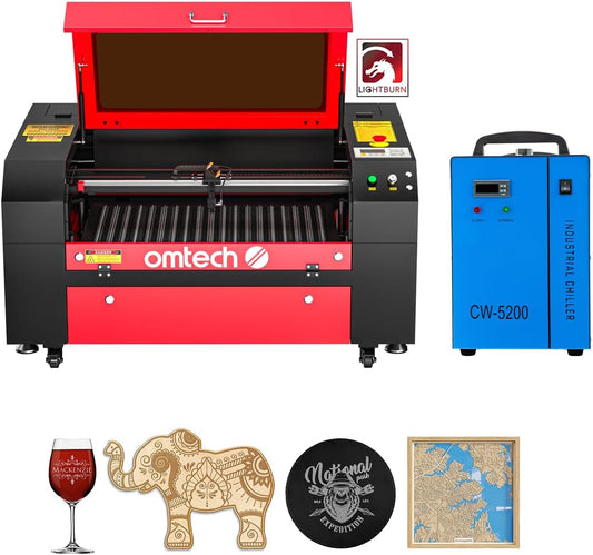 OMTech 60W CO2 Laser Engraver with LightBurn and Water Chiller, 28x20 Inch Laser Engraving Cutting Machine with Autolift 4 Way Pass Air Assist, Commercial Laser Engraver Cutter for Wood Glass More