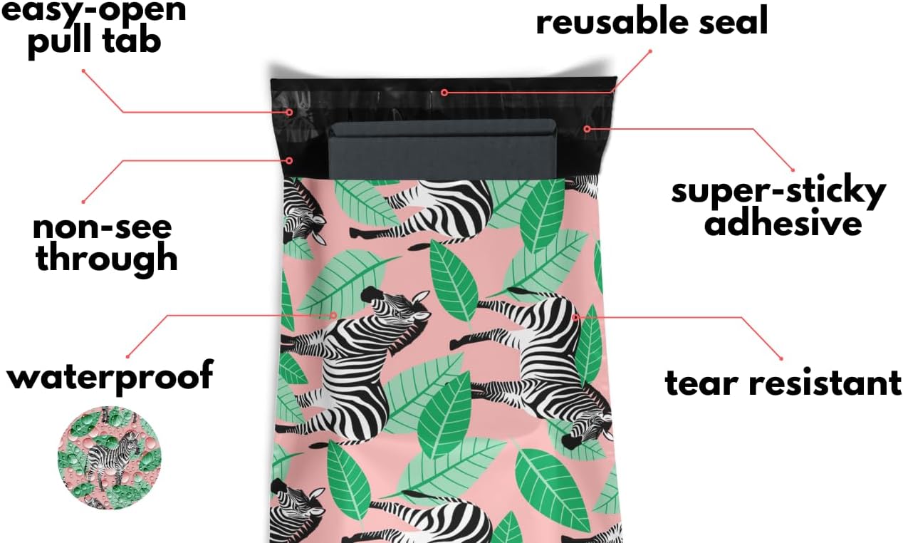 Poly Mailers 10x13 100 Pack | Self-Sealing Shipping Bags Envelopes for Small Business | Waterproof Durable Packaging | Zebra| Animal Pink Green Floral | à la mode Mailers