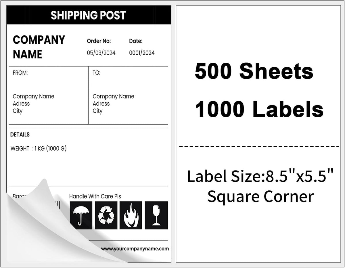 Half Sheet Shipping Labels,Self Adhesive Mailing Labels for Laser & Inkjet Printers,White 8.5x5.5 Half Page Label,500 Sheets