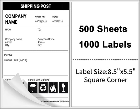Half Sheet Shipping Labels,Self Adhesive Mailing Labels for Laser & Inkjet Printers,White 8.5x5.5 Half Page Label,500 Sheets