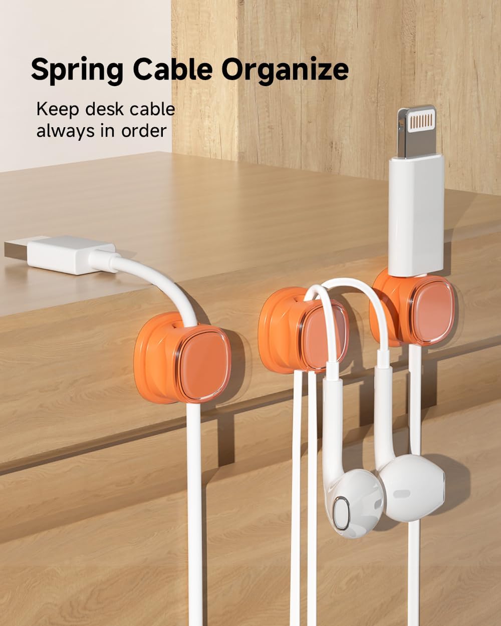 9 Pack Cord Organizer, Spring Cable Management, Adhesive Cute Cable Holder Clips, Phone Charger Wire Keeper for Desk Nightstand Car Office (9-Pack Orange)