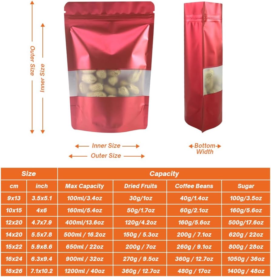 4CP 100 Pcs Red Zipper Smell Proof Bags with Window, 7.0x10.5 Inch Stand Up Foil Pouches for Food Selfsealing Storage, Reusable Bag for Packaging Small Business, Cookies, Nunt, Candy