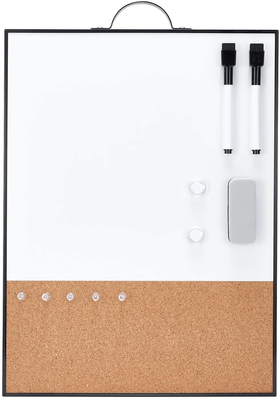 TSJ OFFICE Small Whiteboard Cork-Board - 16" X 12" Portable Aluminum Black Framed Magnetic Dry Erase Board, Small Bulletin Cork Board with Holder for Office, Home and School