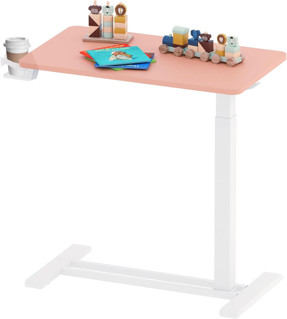 SANODESK Medical Adjustable Overbed Bedside Table with Hidden Casters, Pneumatic Mobile Laptop Computer Standing Desk Cart with Tray, Hospital and Home Use(27.6" W x 15.7" D, Pink)