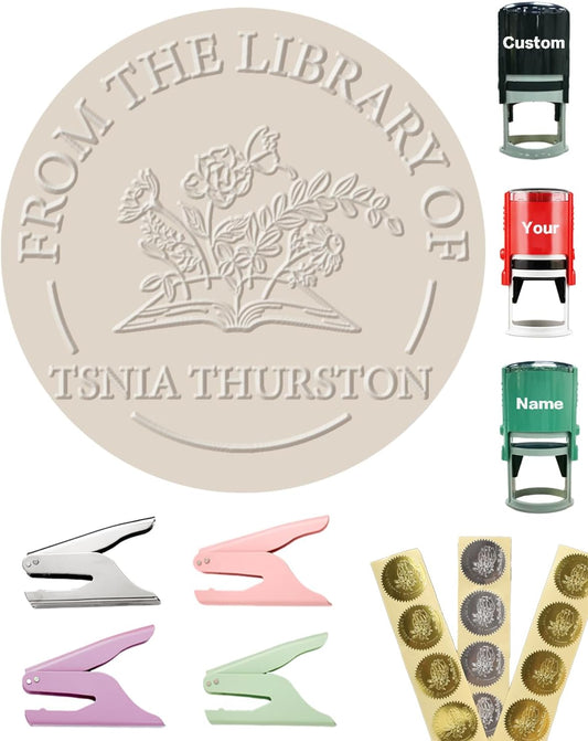 Personalized Book Embosser Stamp with Name & Design, Custom Hand Carved Library Embosser Set, Elegant Invitation Seal of Self-Inking from Library Stamp Kit (Flowers & Tree)
