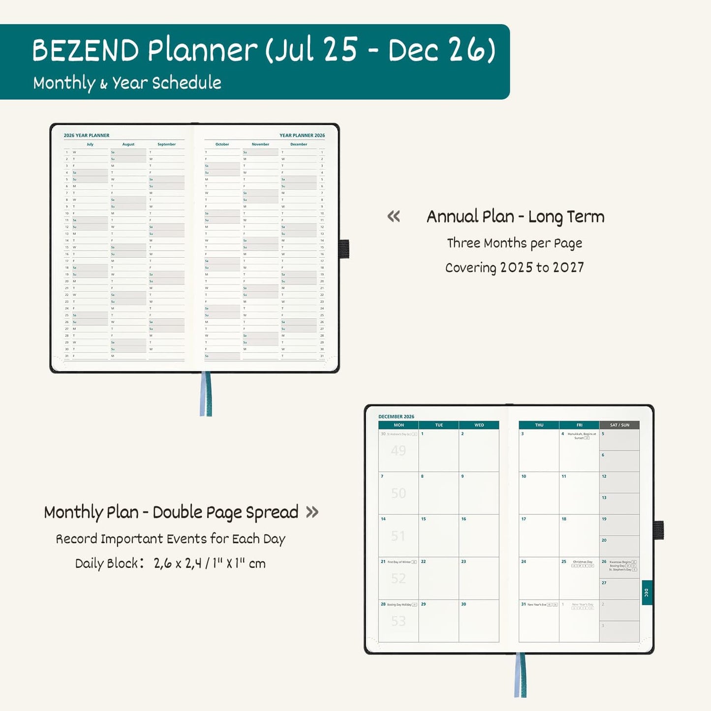 BEZEND Pocket Planner 2025-2026 Weekly with 2 Columns, 18-Month Academic Calendar (Jul 25-Dec 26), Life Work Appointment, Storage Pocket, Pen Holder, PU Leather Hardcover 3.5" x 6" - Evergreen