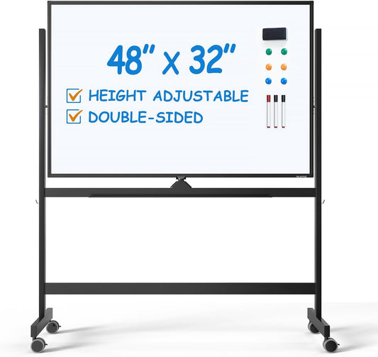 TSJ OFFICE Large Rolling Whiteboard - Dry Erase Magnetic 48 x 32 Inches White Board Height Adjust Double Sides Mobile Portable Easel on Wheels, Dry Erase Board with Stand for Office, Home & Classroom