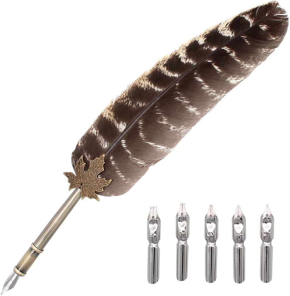 Gullor Quill Handcraft Feather Dip Pen Stem Metal Nib Pen Writing Quill with 5 Extra Nibs, Style E