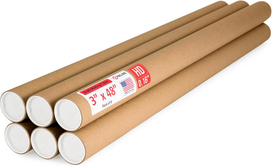 3" x 48" Heavy-Duty Reinforced Cardboard Mailing Tube, Pack of 6 Tubes with 12 Caps – Secure USPS Approved – Great for Shipping and Storing of Prints, Artwork, Posters or Documents