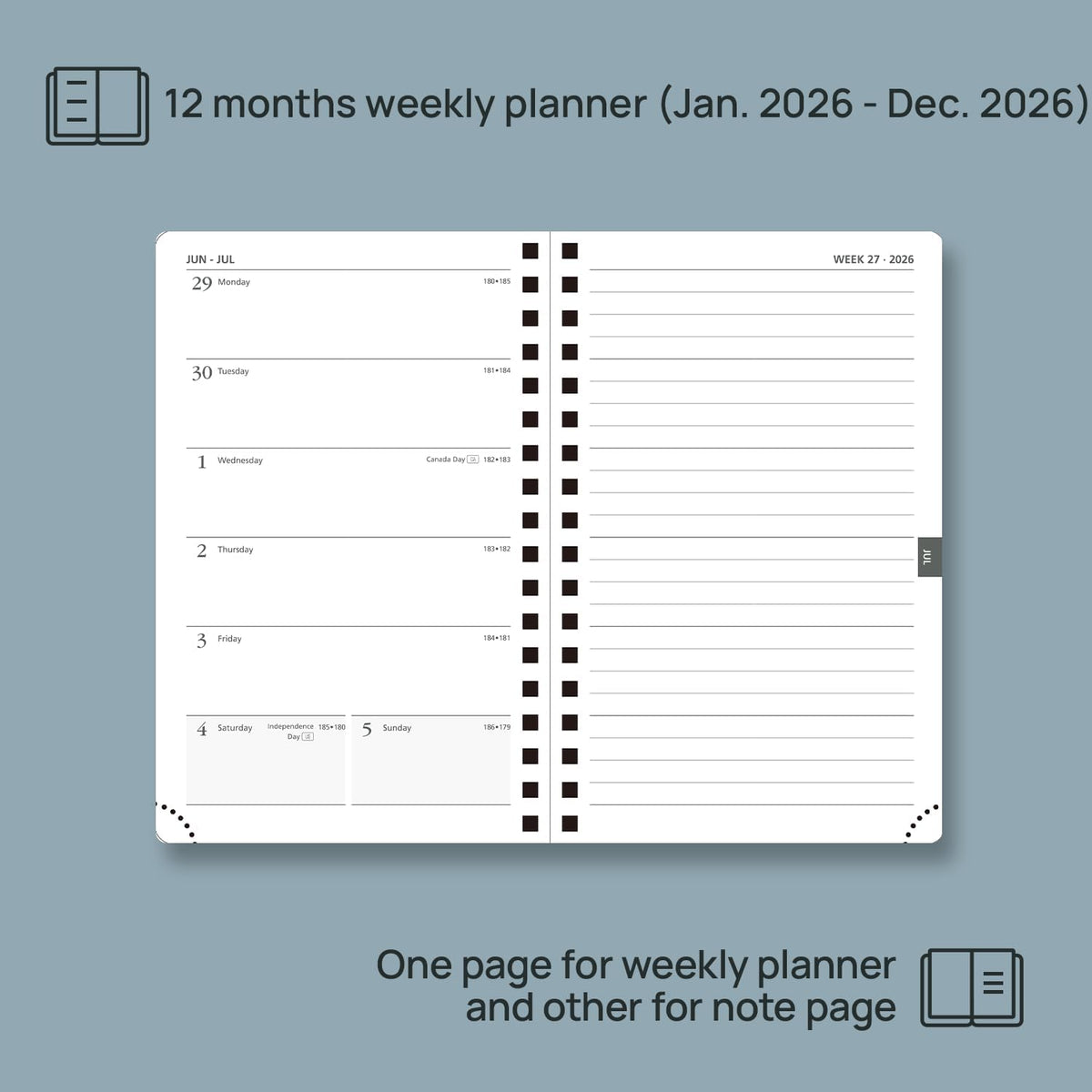 POPRUN 2026 Planner Weekly Notebook (Jan-Dec), Small Size 4''x 6.25'' - 2026 Pocket Calendar for Purse with Spiral Soft Cover, Plastic Ruler, Inner Pocket, 100 GSM - Petrol