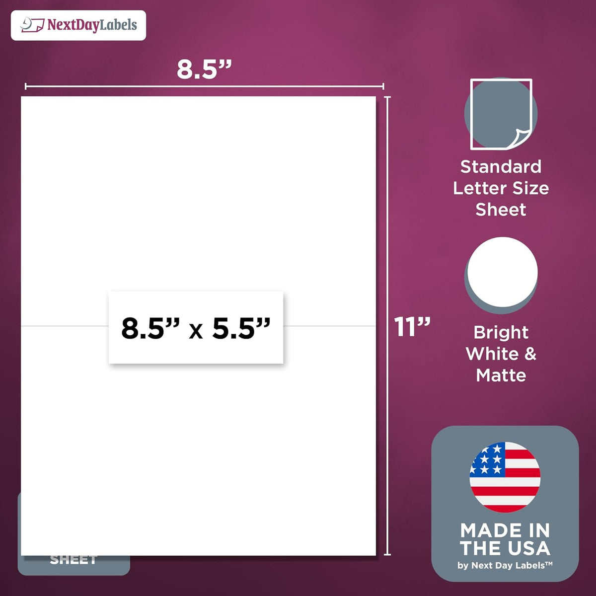 NextDayLabels – 8-1/2" x 5-1/2" Rectangular Sticker Labels for Printer - White Laser/Inkjet Printer Labels Return Address Labels Shipping Label Stickers (250 Sheets, 2 Per Sheet, 500 Labels)