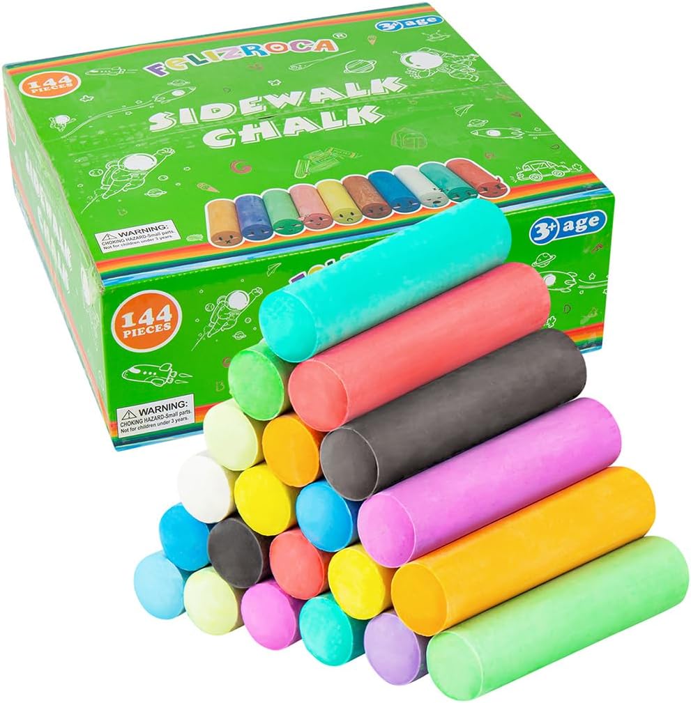 144PCS Washable Sidewalk Chalks Set in 12 Colors Non-Toxic Coloured Chalk Pavement for Kids Jumbo Chalk for Toddler Painting on Blackboard, Playground, Party
