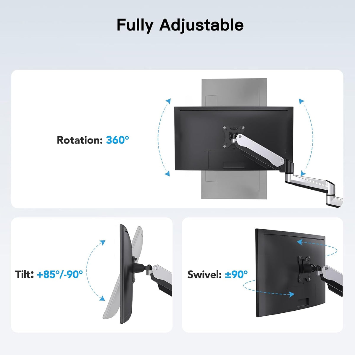 HUANUO Triple Monitor Stand - Full Motion Articulating Gas Spring Monitor Mount Fit Three 17 to 32 inch Flat/Curved LCD Computer Screens with Clamp, Grommet Kit, Silver