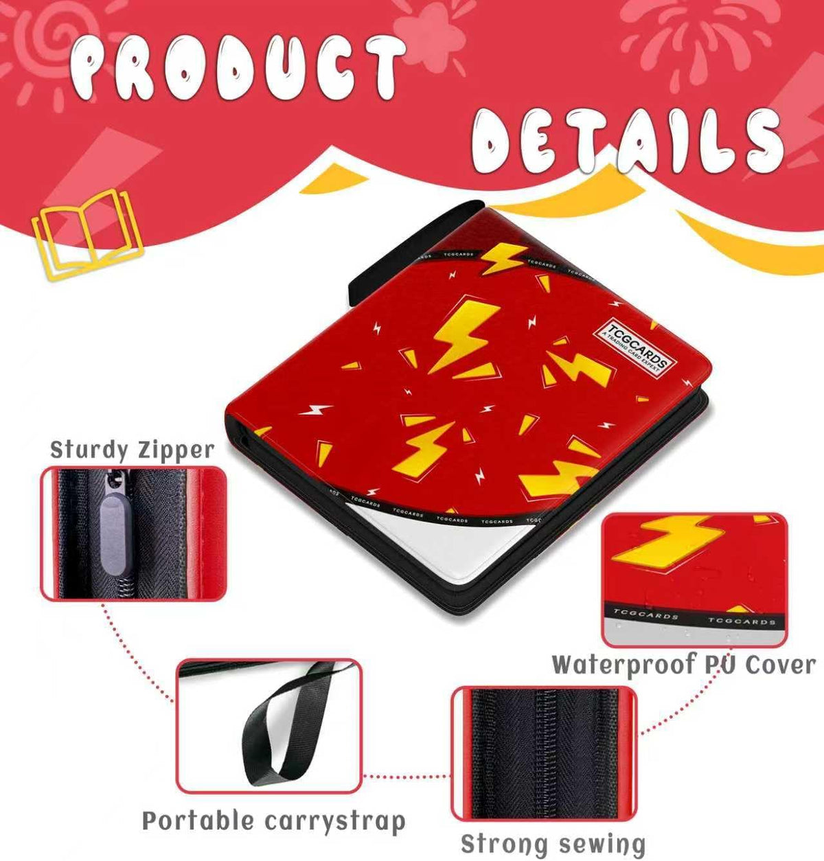 Trading Card Binder 4 Pocket，Card Binder 400 Pockets Card Book Holder Cards with 50 Removable Sleeves，3-Ring Zip Design MTG/TCG/Sport Collectible Trading Card Albums Gifts for Boys and Girls (Red)