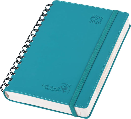 POPRUN Daily Planner 2025-2026 One Page per Day (6'' x 8.5'') with Spiral Bound Leather Soft Cover, Academic Year Appointment Book (Jul.2025 - Jun.2026) with Hourly Slots, Inner Pocket- Pacific Green