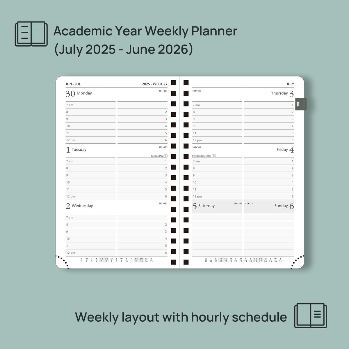 POPRUN Pocket Planner 2025-2026 (Spiral Hardcover - 4''x 6.25''), Daily Weekly and Monthly (July 2025 - June 2026) with Hourly Time Slots, for Purse, 100 GSM - Haze Blue