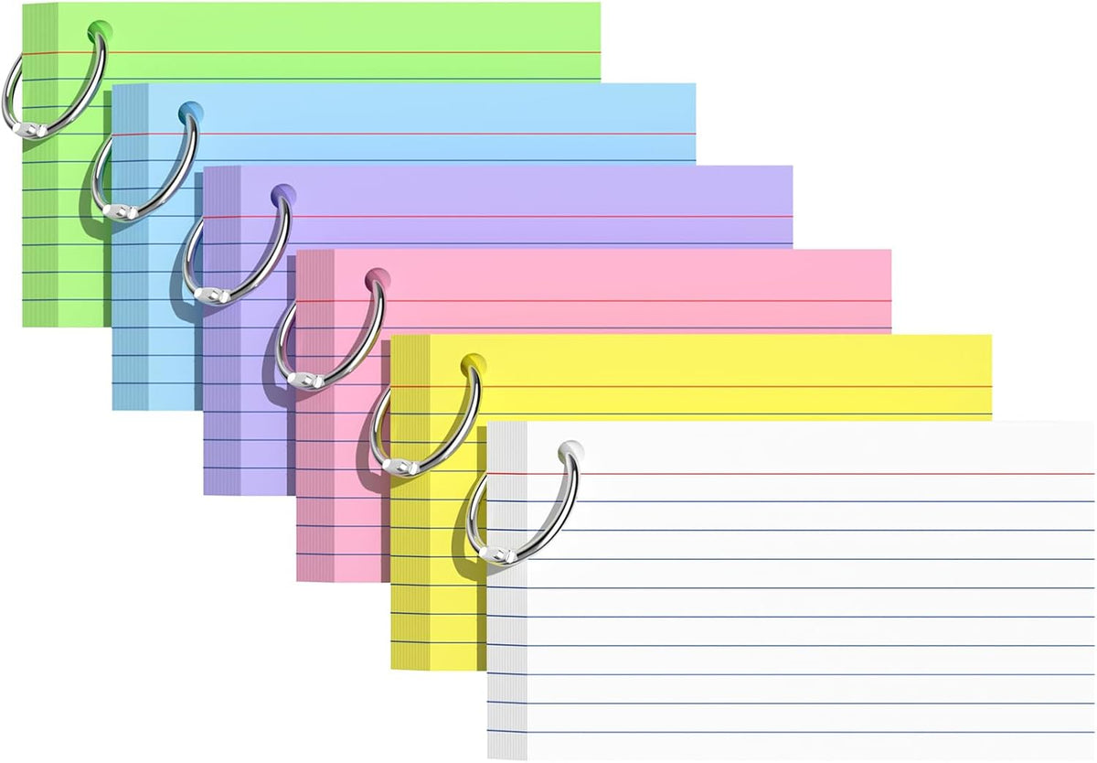 Index Cards 3x5 Inches, 300 PCS, Colored Flash Cards With Ring, Punched Lined Study Card Ruled Flashcards Notecards, Ruled Front And Blank Back, Note Card for School, College And Home