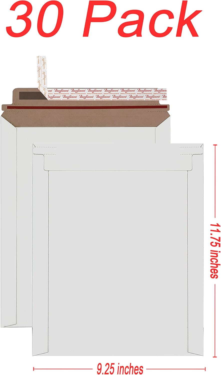 Rigid Mailers 30 Pack 9.25 x 11.75 inches White Self Seal Stay Flat Bulk Cardboard Kraft No Bend Mailers Peel and Seal for Document Photos Pictures Papers Files CD