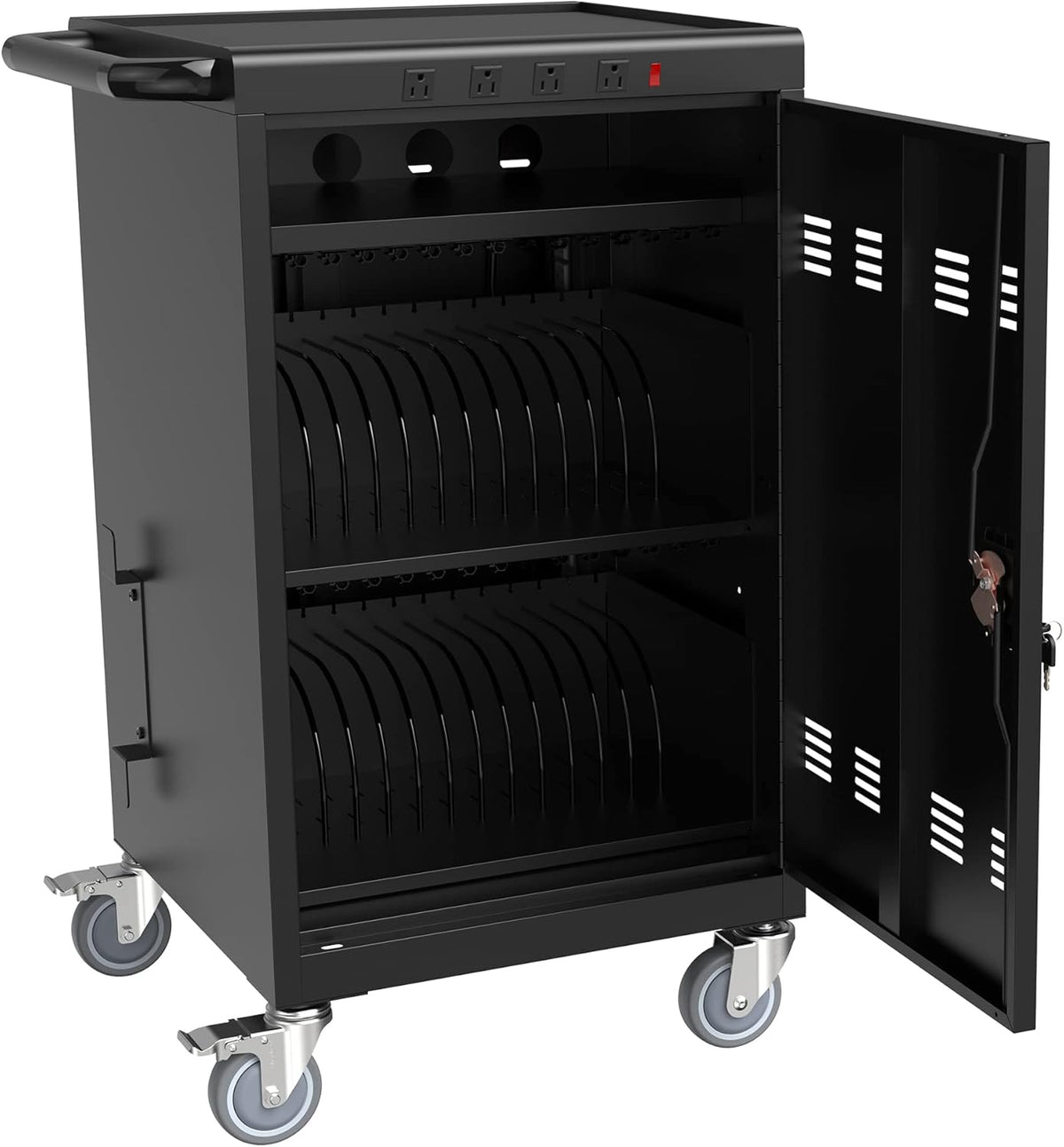 36 Device Charging Cart, Laptop and Tablet Storage Cart, Holds Up to 16.3" with Cord Management, Front and Rear Door Locks, Classroom or Office Charging Cabinet.Black with 4 Position Power Strip