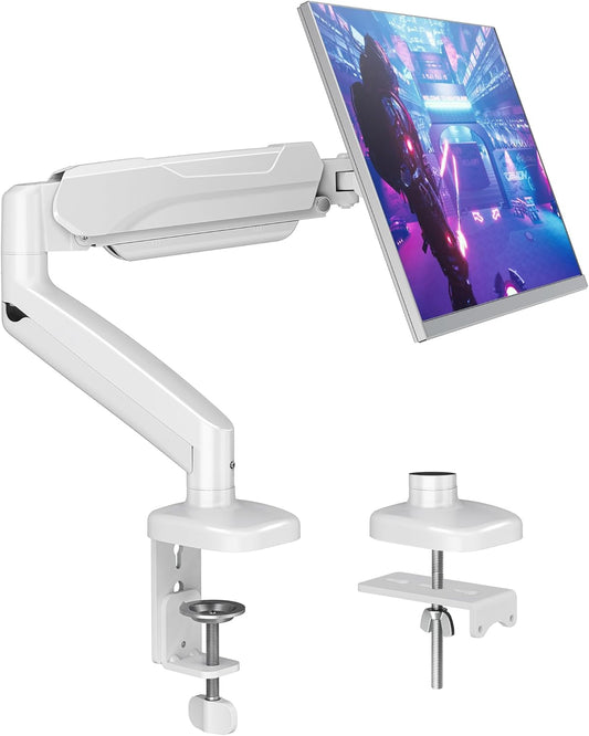MOUNTUP Single Monitor Desk Mount, Adjustable Gas Spring Monitor Arm Support Max 32 Inch Screen, Computer Monitors Stand with Clamp/Grommet Mounting Base, VESA Mounts Fit 4.4-17.6lbs Computer, White
