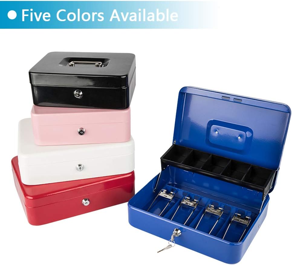 KYODOLED Locking Cash Box with Lock,Money Box with Cash Tray,Lock Safe Box with Key,Money Saving Organizer,11.81Lx 9.45Wx 3.54H Inches,Blue XL Large