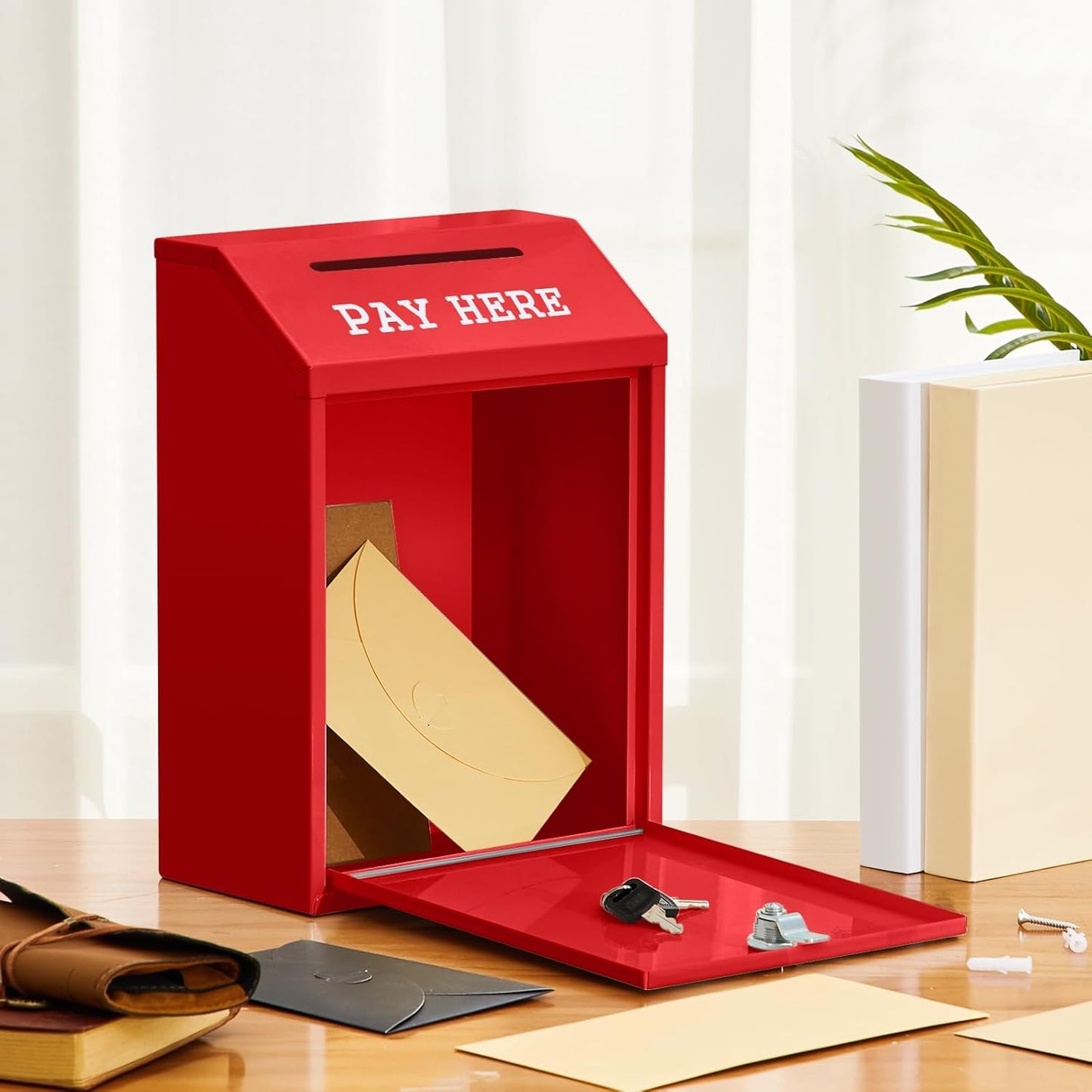 Safe Cash Box Money Collection Metal Donation Box with Lock Wall Mount Pre Drilled Mailbox Delivery Ballot for Home Office Outdoor Self Serve Stand(Red,11.8 x 8.6 x 4.7 Inch)