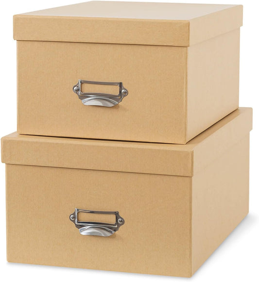 Soul & Lane Kraft Decorative Cardboard Storage Boxes with Lids, Set of 2 Stacking Keepsake Photo and Memory Boxes for Home & Office, Elegant Paperboard Organizers with Label Holders and Drawer Pulls