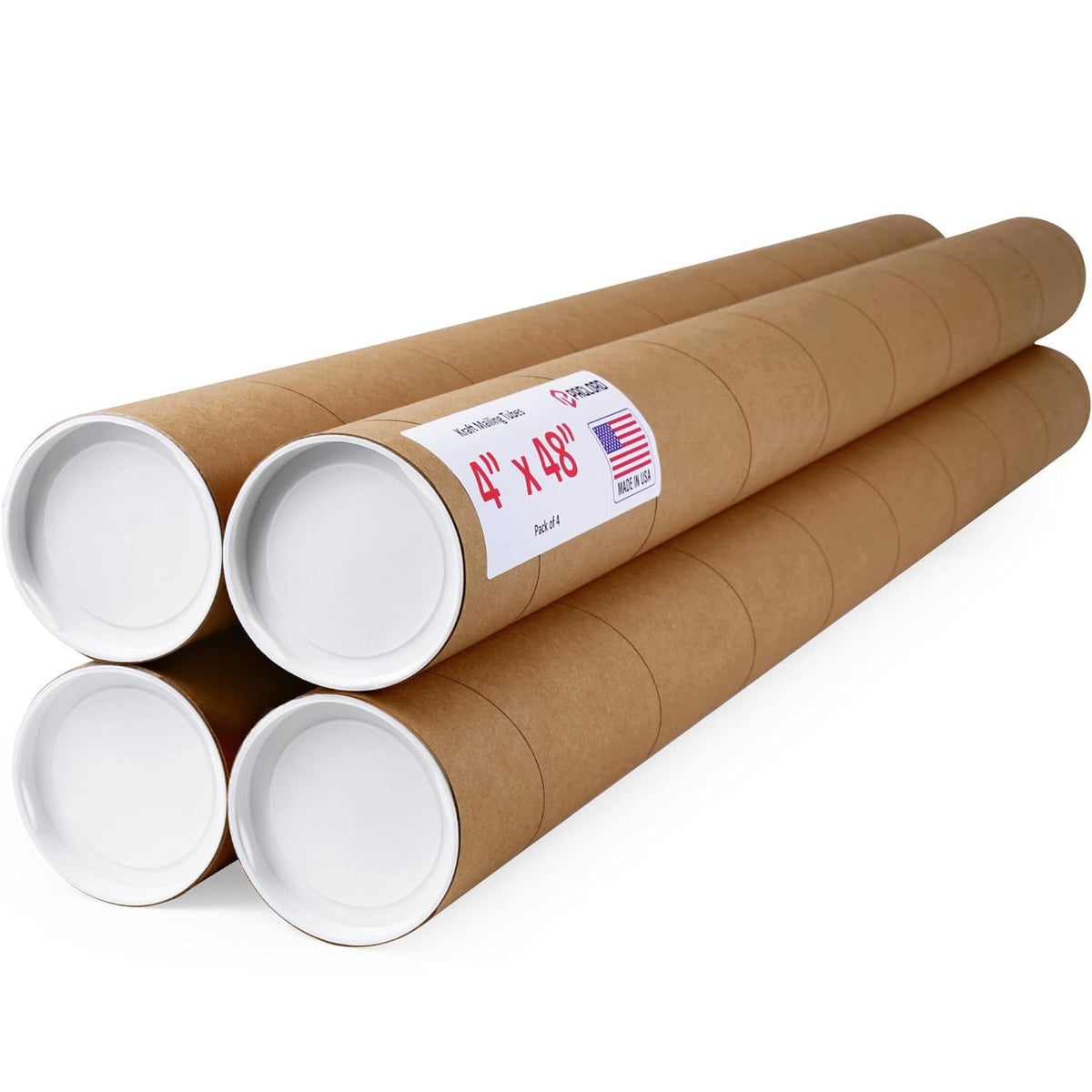 4" x 48" Reinforced Kraft Paper Mailing Tube, Pack of 4 Tubes with 2 Caps Each – USPS Approved Poster Tube – Made in USA Cardboard Tube for Shipping and Storing Posters, Prints, Artwork, or Documents